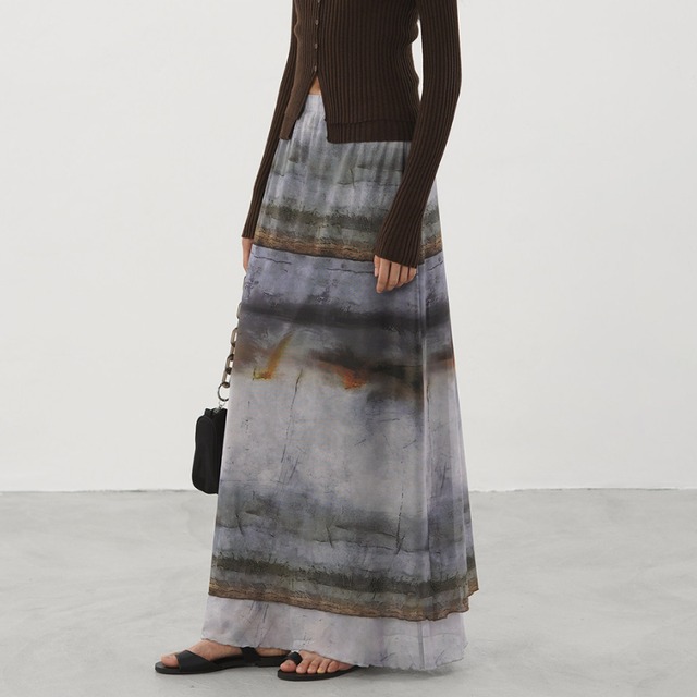 Painting sheer layered long skirt　V2846