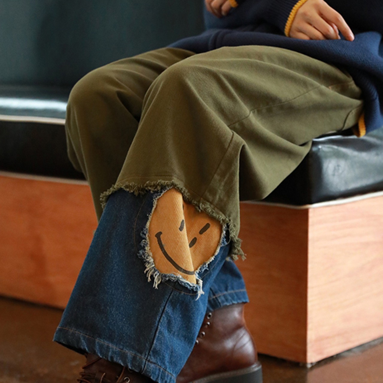 【大人気特価】OctopusMe青丹色の配色デニム切替パンツ