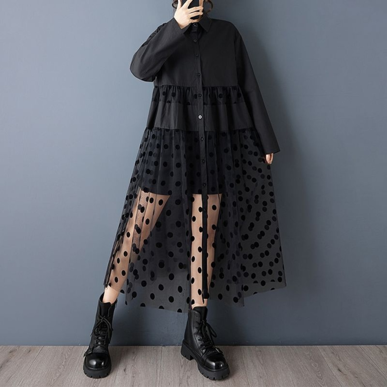 ドット柄 シースルー 切替ワンピース 00319