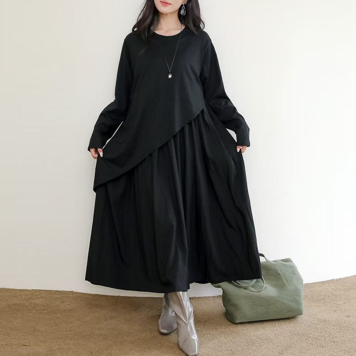 RELAXED FAUX LAYERED CREW NECK LONG DRESS M-18172