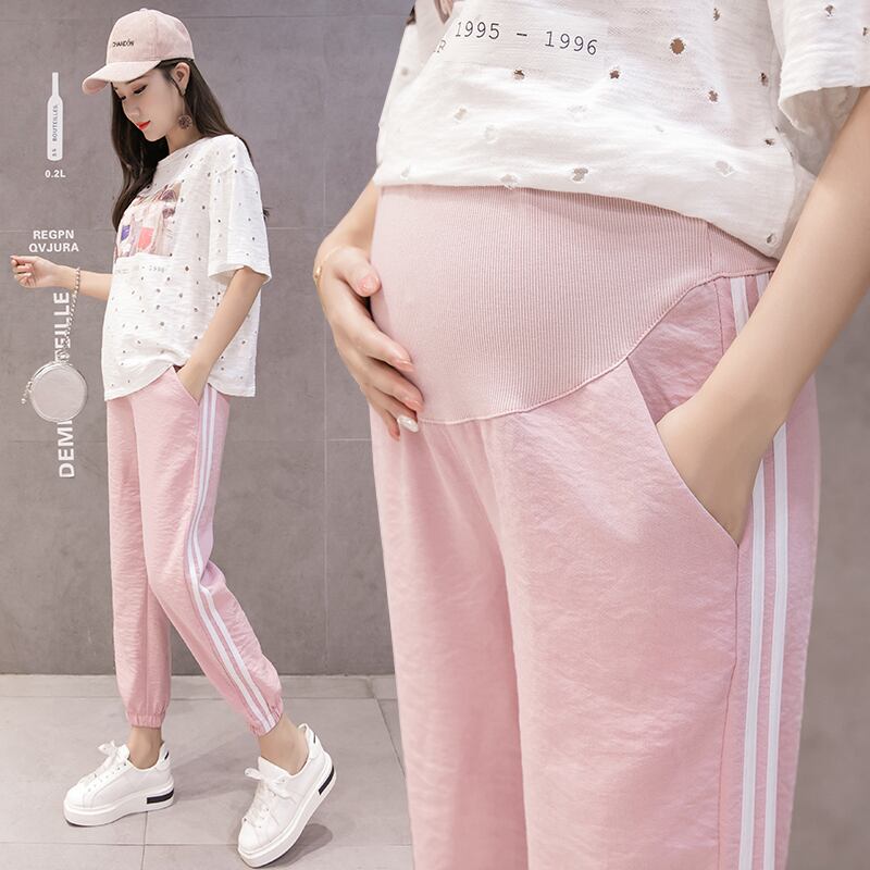 【新作】【送料無料】 マタニティパンツサマーストレートストライプコンタブルパンツルーズコンフィベリーサポートパンツエラスティックウエスト妊娠 伸縮 夏物 AL expec345576591556