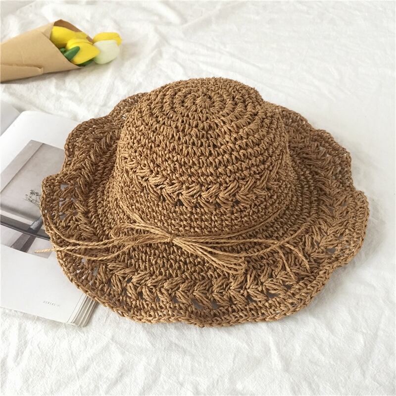 大きなひさし手作りかぎ針編み中空麦わら帽子夏のお出かけ漁師帽子弓結び盆地帽子ビーチ日よけ帽女性の潮 ブラック・アイド・ピーズ99836942542