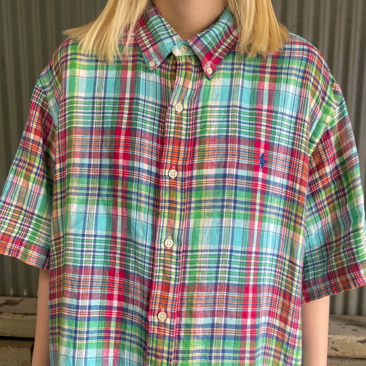 Ralph Lauren ラルフローレン 半袖リネンシャツ チェック柄 メンズXL