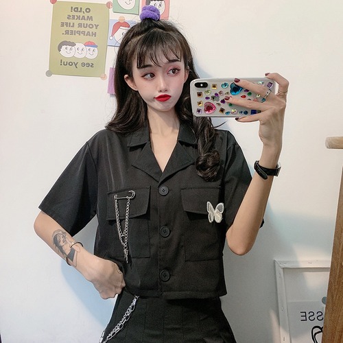 ✞ ダークポケットチェーン ショートButterflyデザイン シャツブラウス ✞ゴスロリ SM ミリ 甘ロリ クラロリ 和ロリ エレガント 黒ロリ 姫ロリ 華ロリ BB-BB6299569