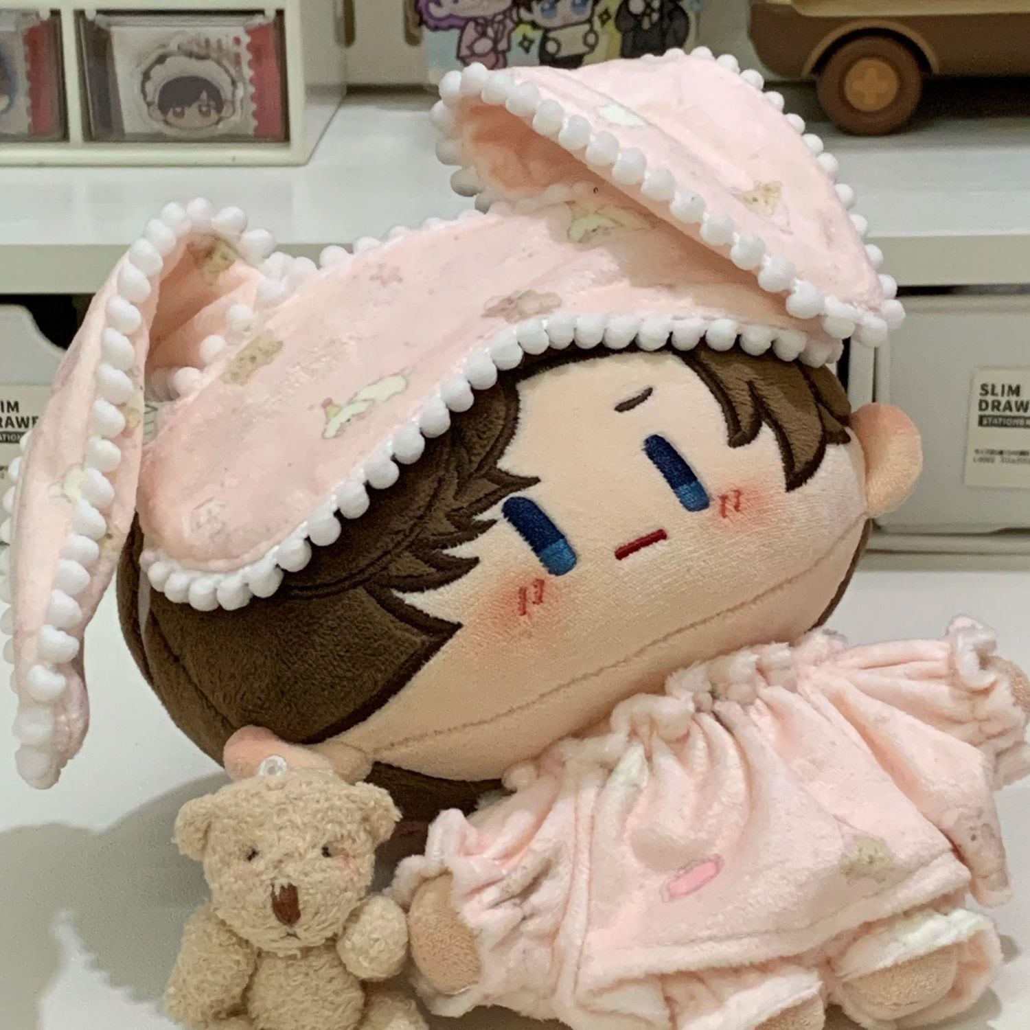 20cmぬいぐるみ用 パジャマ アニマル トップス+パンツ+うさ耳アイ