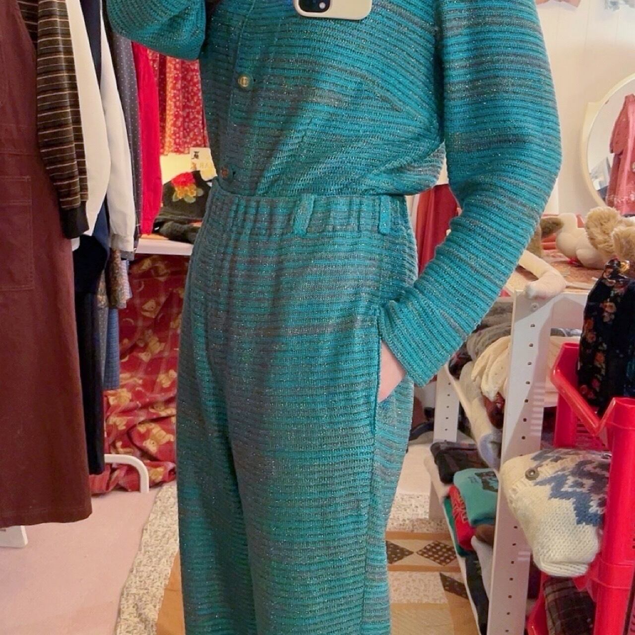 green lame knit set up