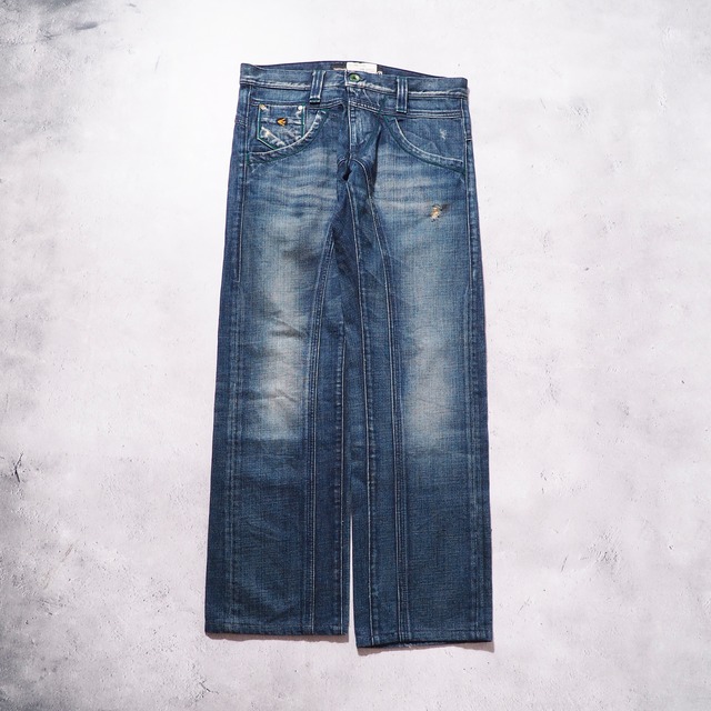 " ENERGIE " Good Fade Aging × Green stitch Embroidery vintage Denim pants (made in Italy)
