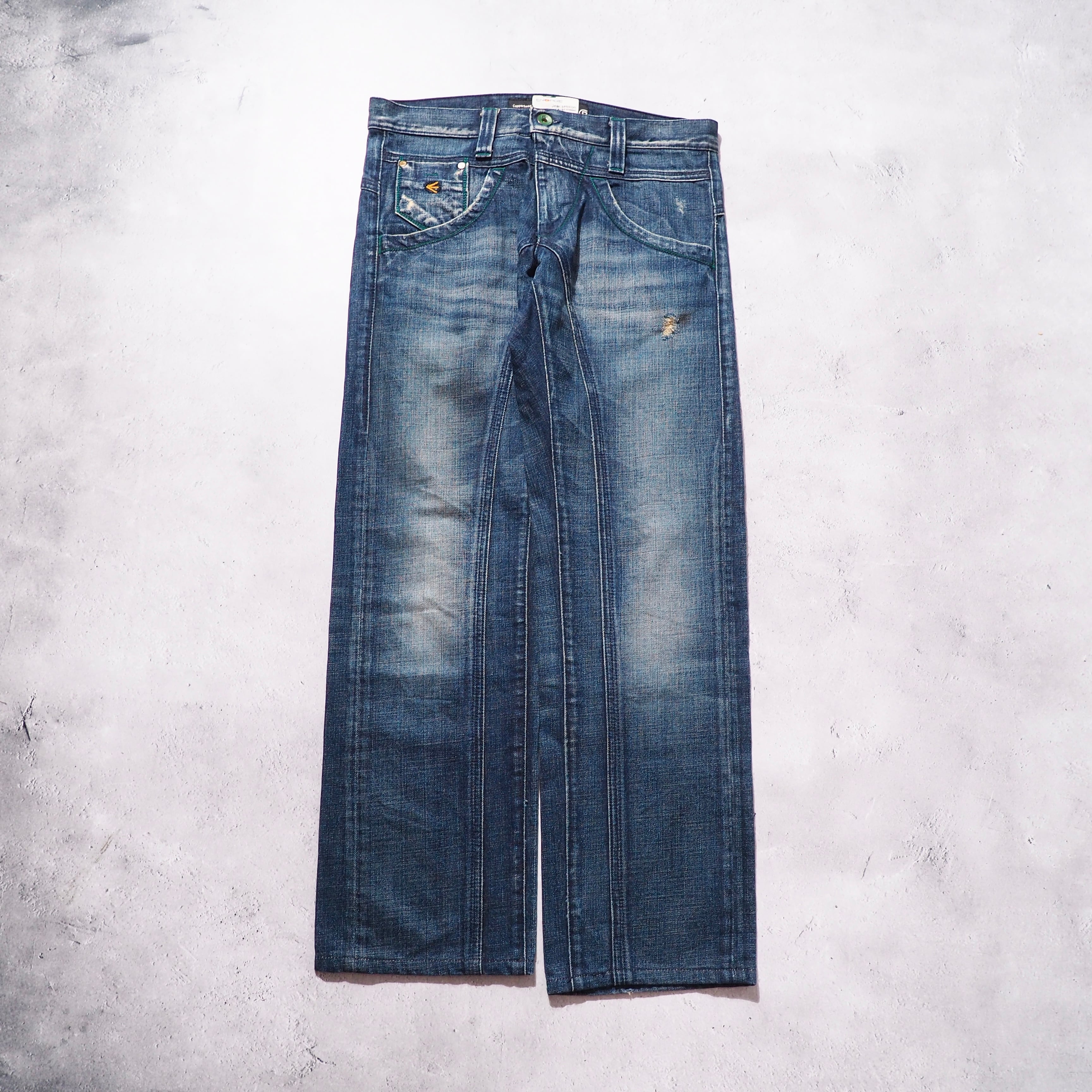 " ENERGIE " Good Fade Aging × Green stitch Embroidery vintage Denim pants (made in Italy)