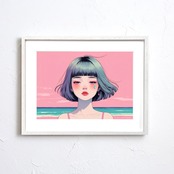Pink Tide Tears｜涙と海が溶け合うボブヘア少女のアートポスター｜感情を映すピンクの空と静かな波｜モダン人物画｜A3ポスター