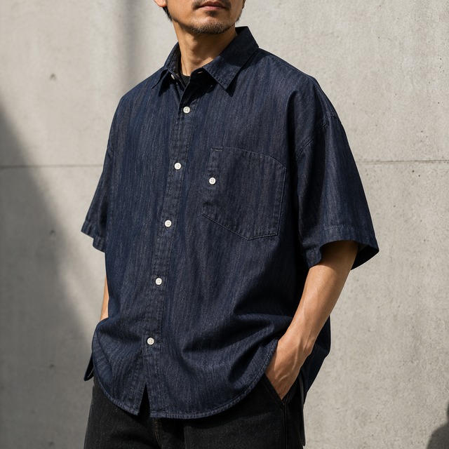 【H1207】Button Front Patch Pocket Short Sleeve Shirt