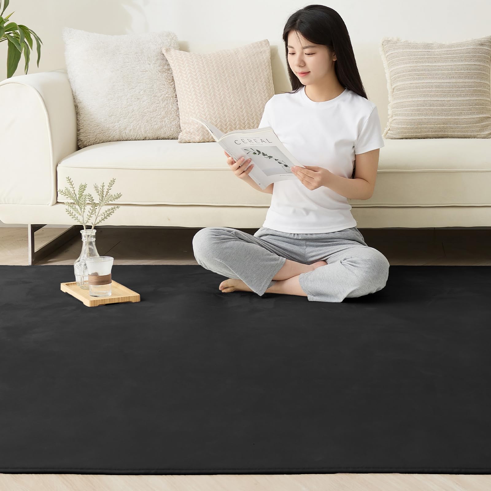 【在庫のみ】Softime カーペット ラグ ラグマット 200×250cm(約3畳)絨毯 滑り止め付 ラグカーペット 軽量設計 洗える 地毯 抗菌 防臭 防ダニ フランネルラグ オールシーズン 床暖房 ホットカーペット対応 無地・ブラック