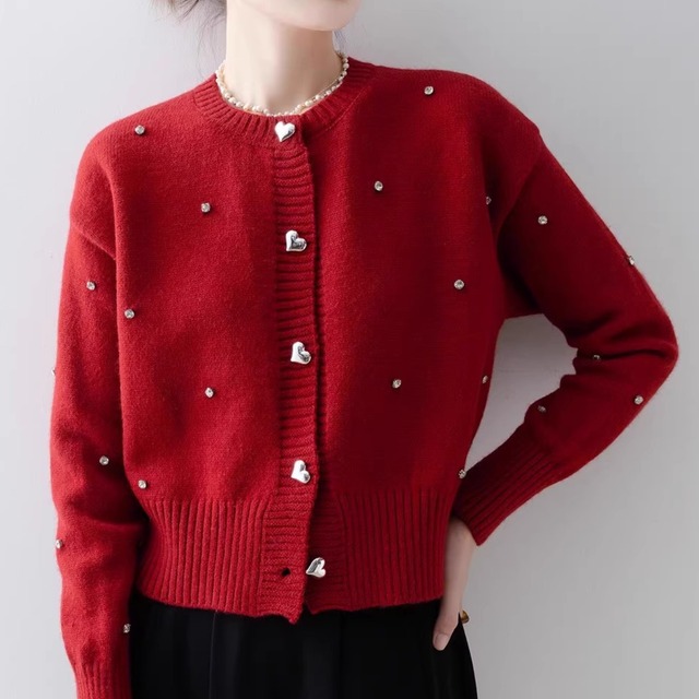 ハートボタン ビジュー カーディガン レッド 250304