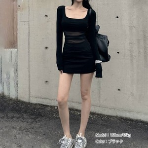 Tシャツ チュール切り替え 長袖 トップス レディース 春秋 韓国 透け感 きれいめ シアートップス おしゃれ 大人 カジュアル 重ね着 薄手 無地 大人可愛い 大人女子