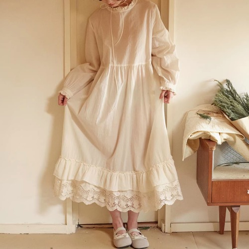 裾レースギャザーコットンワンピース ・9964