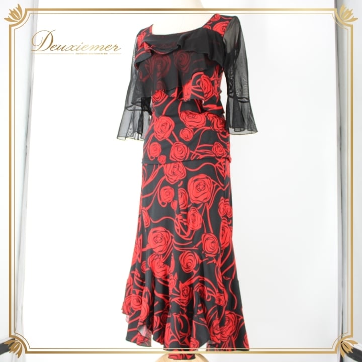 【社交ダンス衣装】上下セット レッスンウェア パーティー ICHIOKU 赤 黒 社交ダンス 衣装 スタンダード 上下セット ツーピース レッスンウェア