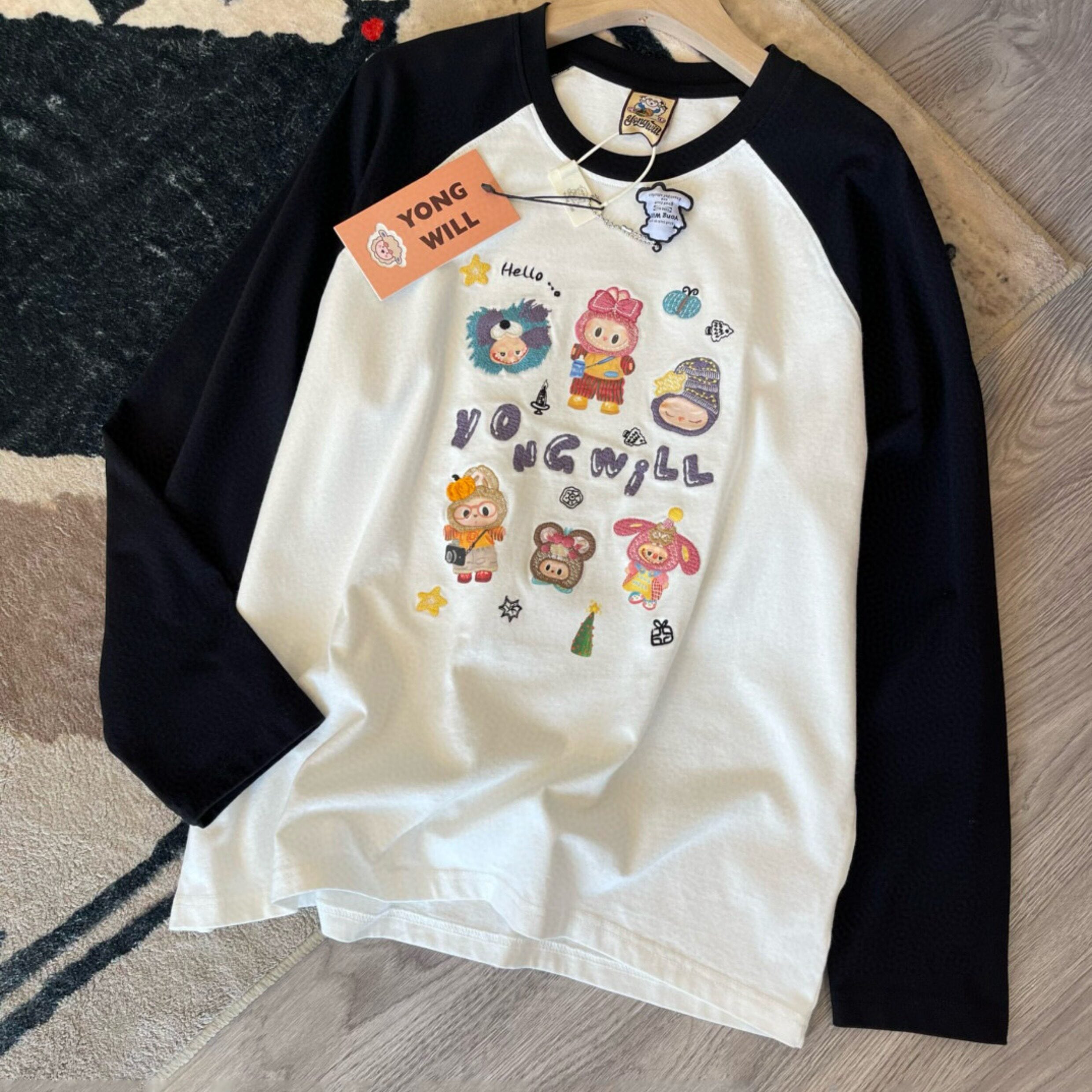 【ラブブ 刺繍入り】250g綿100% ラグラン長袖カットソー 高級感ある刺繍 可愛い カジュアル 何にでも合わせやすい ゆったりフリーサイズ レディース ベーシックインナー