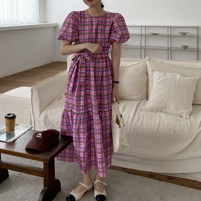 新作 レディース 春夏 ワンピース チェック柄 パープル 半袖95 新色追加