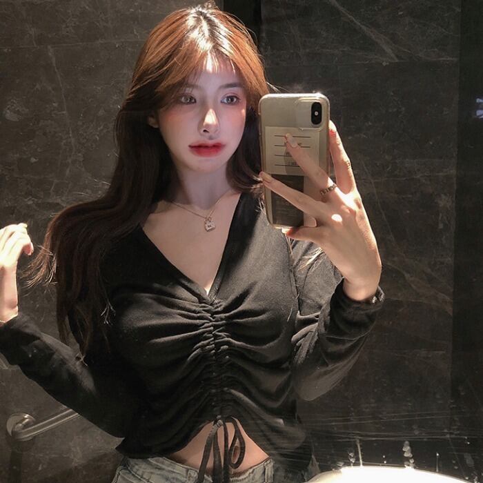 スプリングスタイルギャザーレッドトップス スリム薄手Tシャツ レディース ロング 春物 ドラファッションホール19393197091