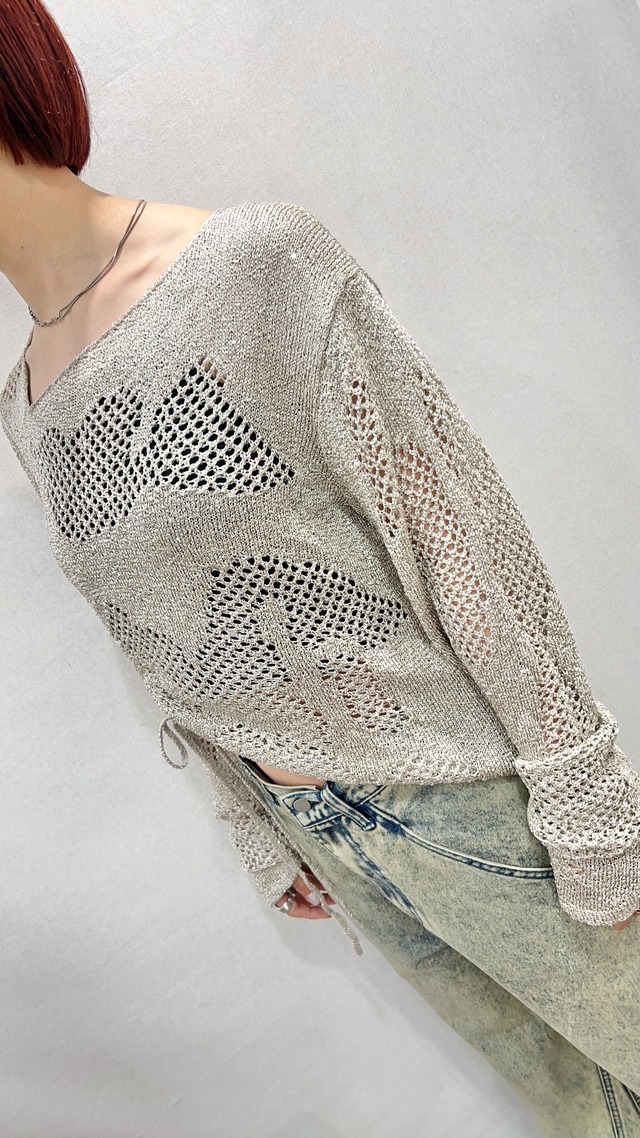 【Knuth Marf】asymmetry sheer lamé knit / lightgray