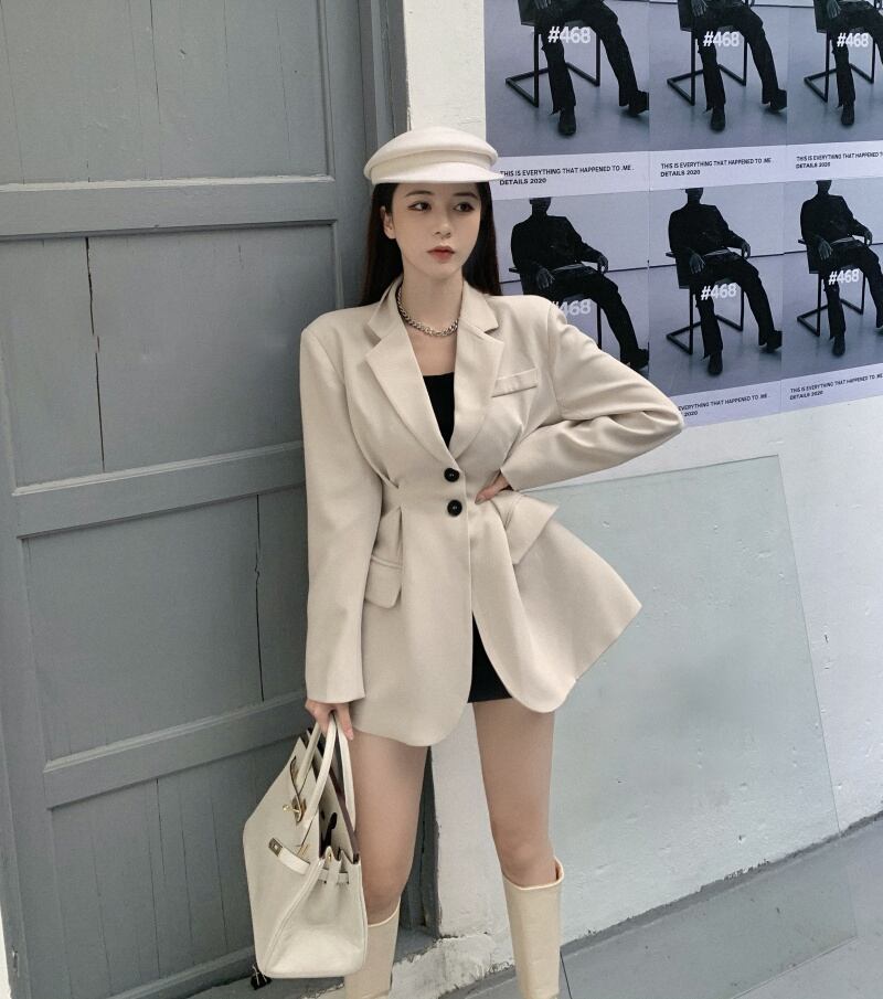 オフホワイトのスモールスーツ女性の秋のカジュアルスーツ2020新しいミドル丈ウエストウエスト気質ジャケット ブラックストロベリース18796210448