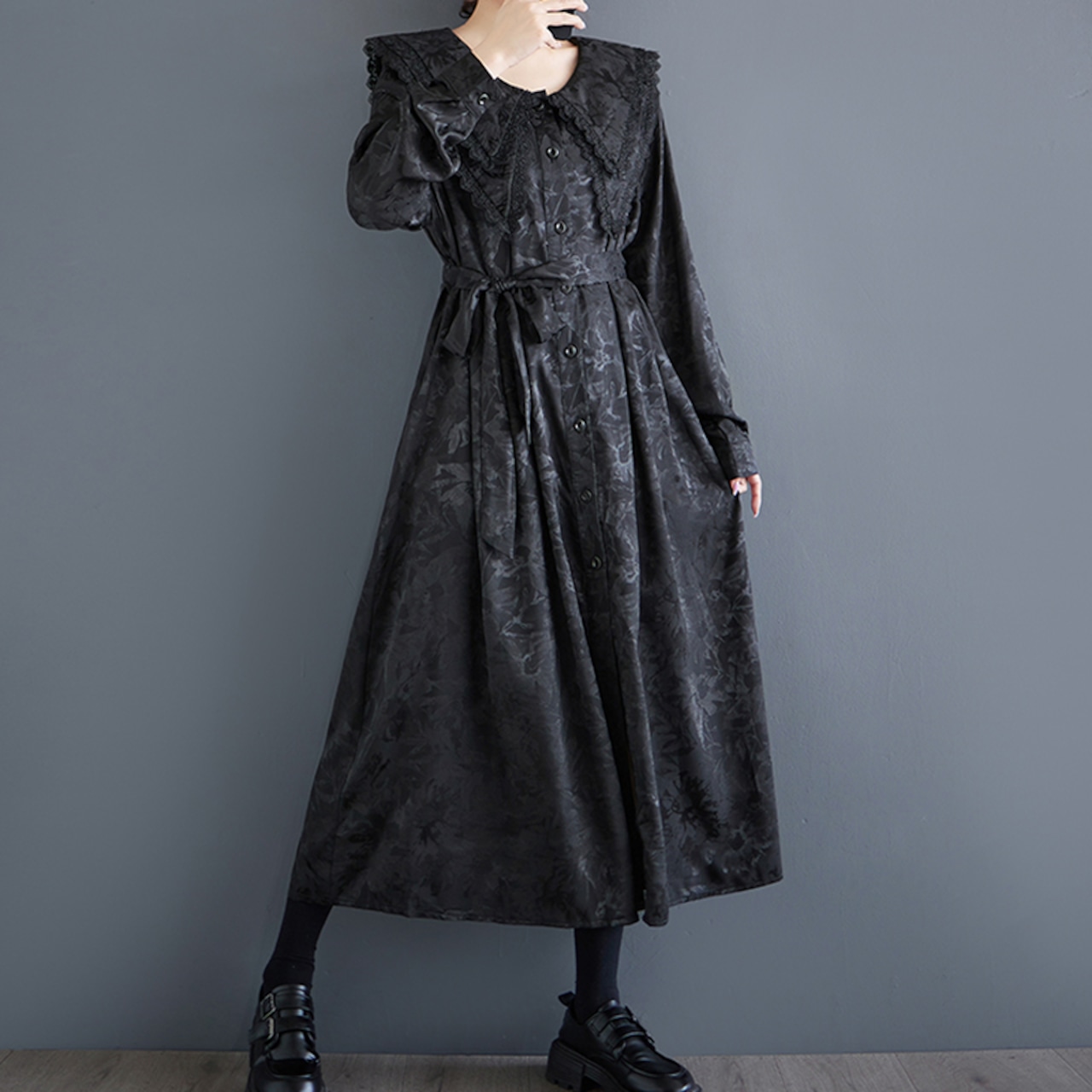 ジャガード ドールカラー ブラックワンピース 00035