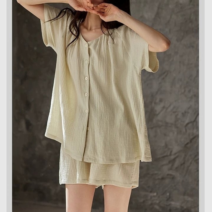 【3piece】【M-XL】simple design cardigan style summer pajamas p1685