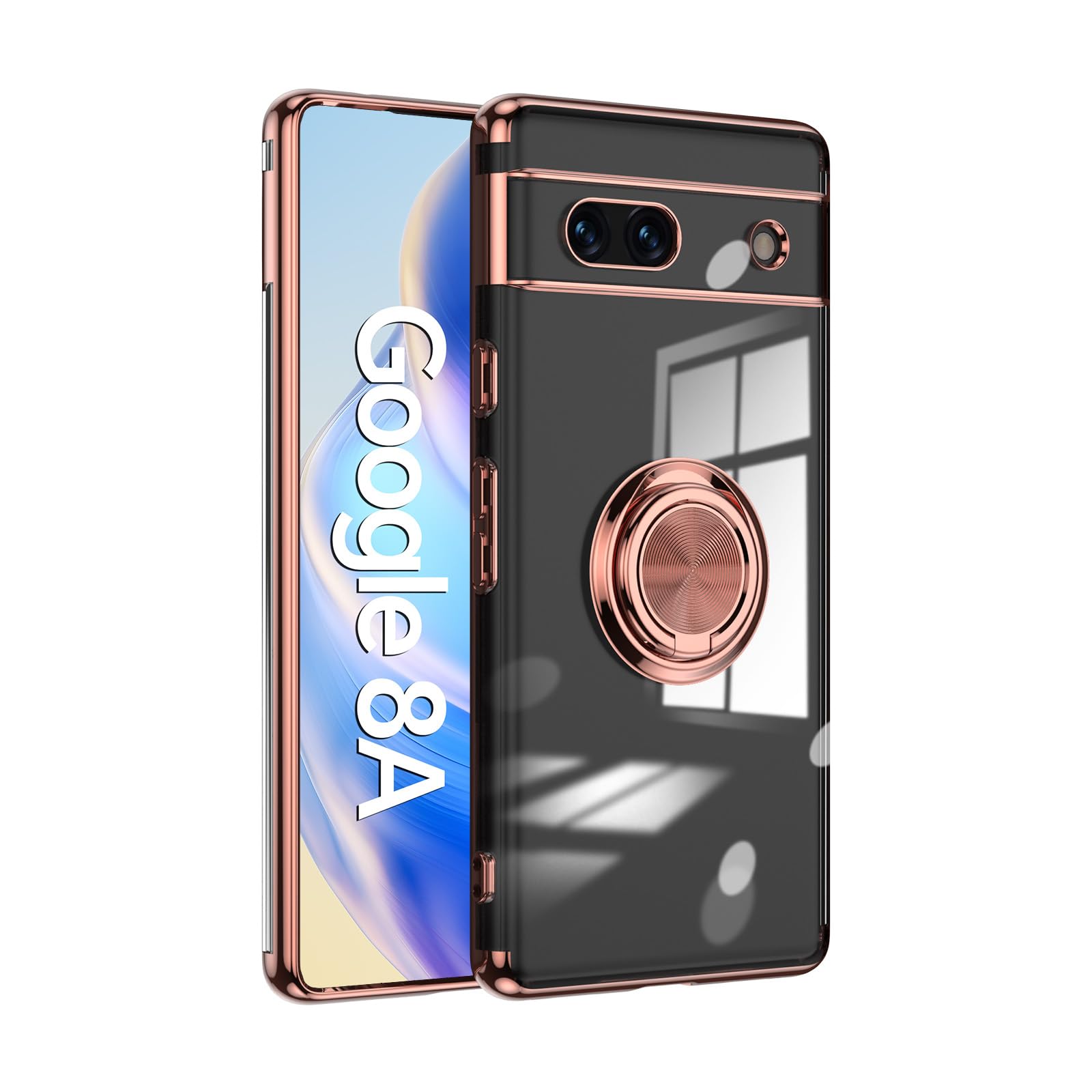 Sakanana Google Pixel 8a ケース リング付き クリア オシャレ シンプル 光沢 360˚回転 スタンド機能 リングケース ストラップホール付き 車載ホルダー対応 耐衝撃 軽量 薄型 ピクセル 8a カバー(Google Pixel 8a,ローズゴールド)