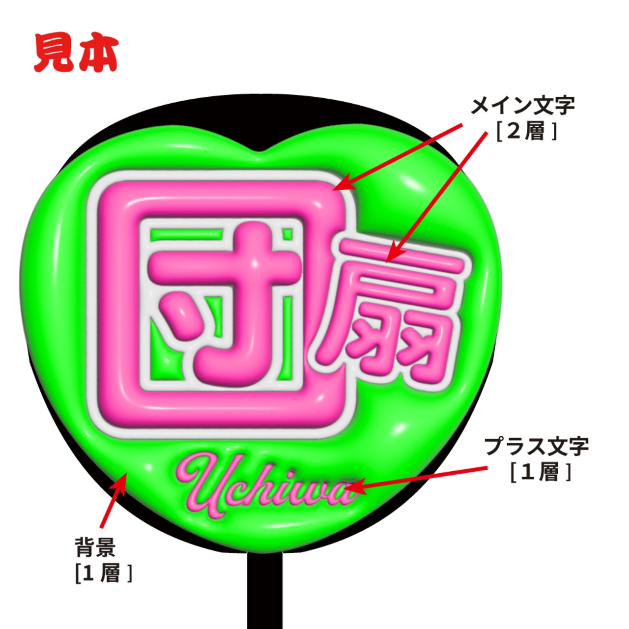 オーダーメイドぷっくり】日本語専用・ぷっくりハート型うちわ