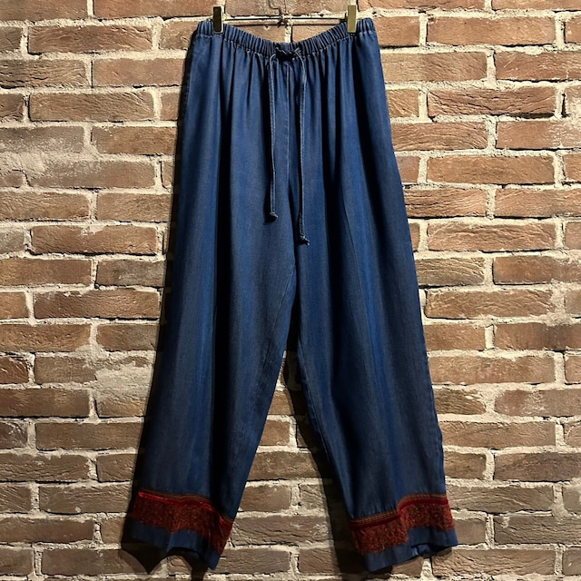 【Caka act3】Ethnic Swiching Design Vintage Metallic Denim Pants