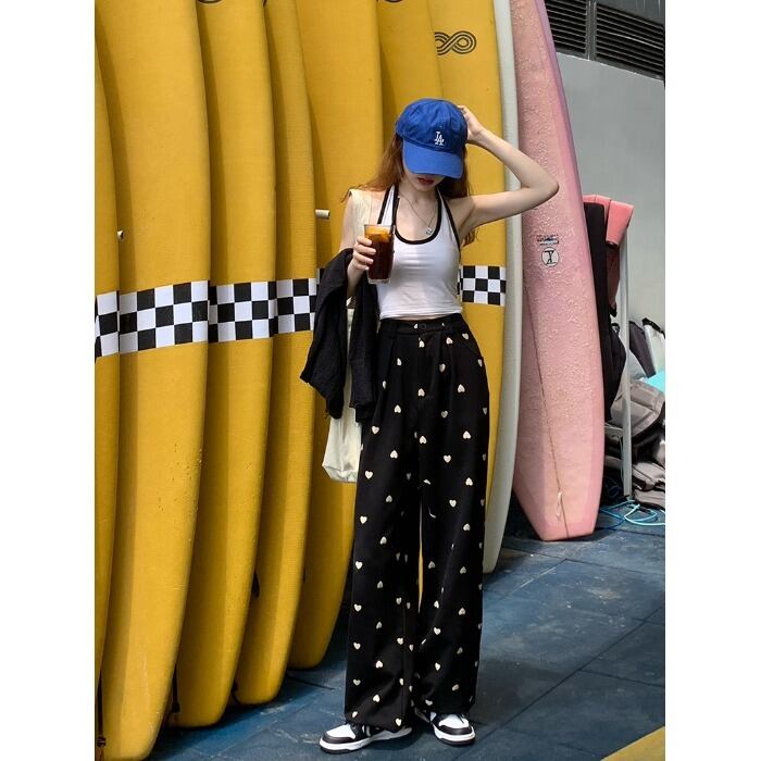 ブラックカジュアルパンツ スプリングサマーハイウェスト薄手ルーズ 春物 夏物 モンロー50257361919