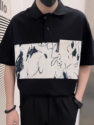 IRREGULAR DESIGN SPLICING SHORT SLEEVE POLO SHIRT  K0132