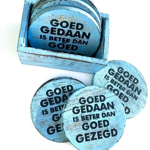 海を感じる メッセージ 丸型木製コースター 6P 収納BOX付(ブルー)【バリ島直輸入】