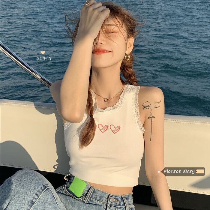 ホワイトレディースショートサマーレースノースリーブトップス 夏物 モンロー17724390791