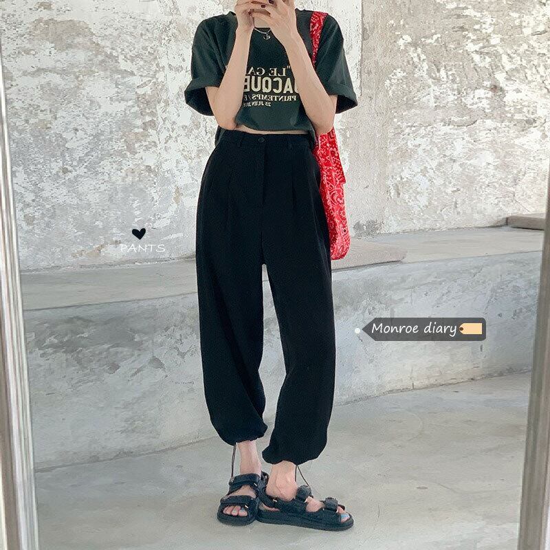 ブラックカジュアルパンツ サマーハイウェストウェスト薄手ルーズ 夏物 モンロー5225920239