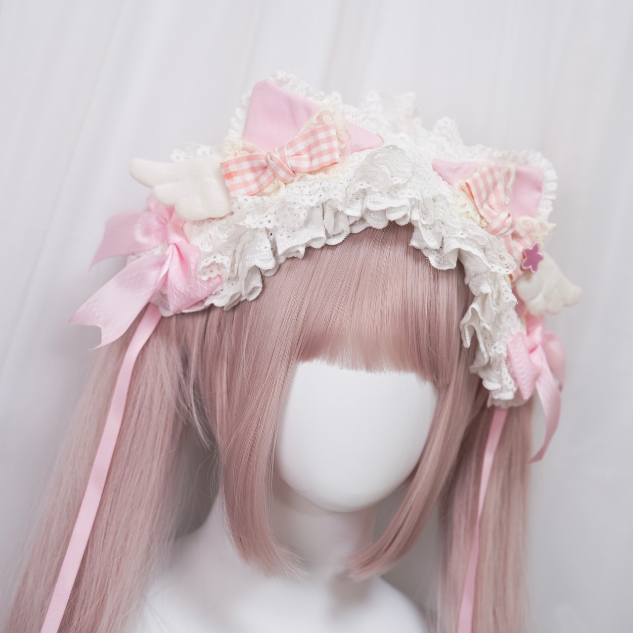 ♡ PINK CAT ギンガムチェックリボン 天使の羽 猫耳フリルリボンヘッドドレス ♡