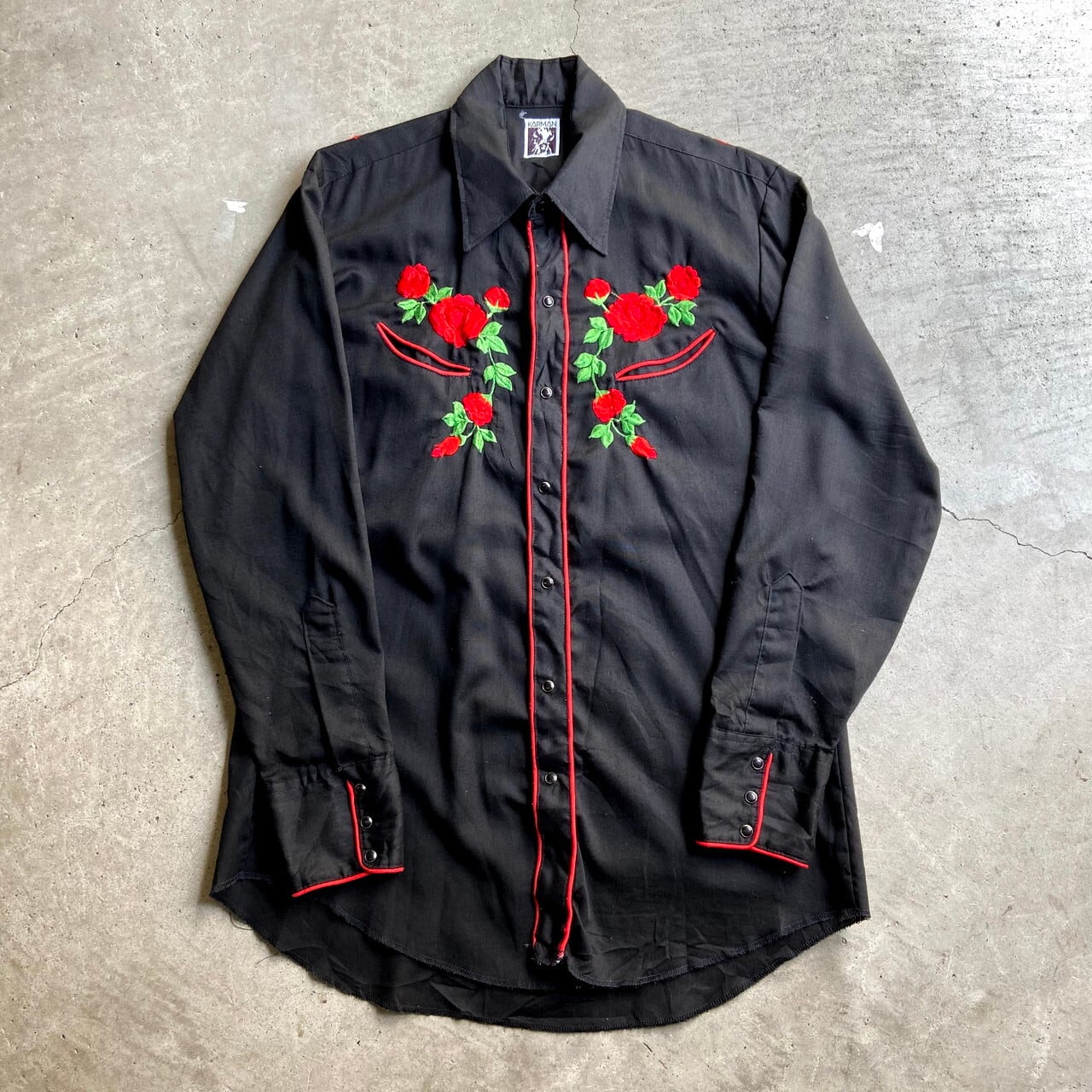 80年代 Karman 長袖 花柄 刺繍 ウエスタンシャツ メンズl相当 古着 80s ヴィンテージ ビンテージ ブラック 黒 長袖シャツ Sa24 Cave 古着屋 公式 古着通販サイト