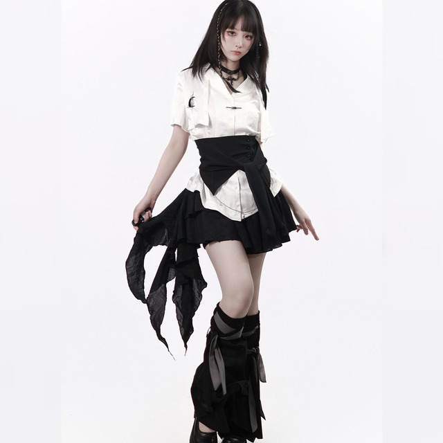 黒白ノイズアシメドレープセットアップ：腰帯・レッグウォーマー