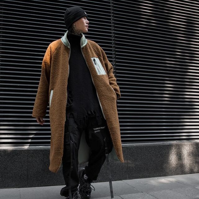 【予約販売】コート リバーシブル メンズ ボア ロング丈 2Way もこもこ ビッグシルエット ブラウン ブラック コート 韓国 防寒 お洒落 こなれ感 ベーシック 秋冬 M/L/XL