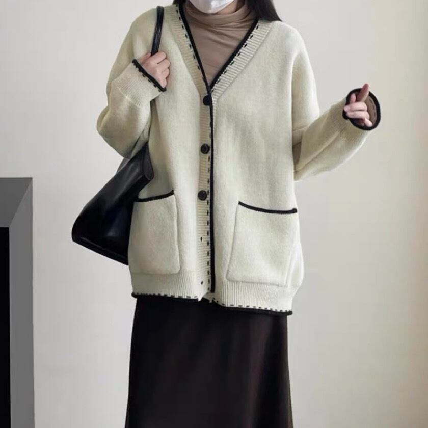 bicolor stitch V-neck cardigan m0005