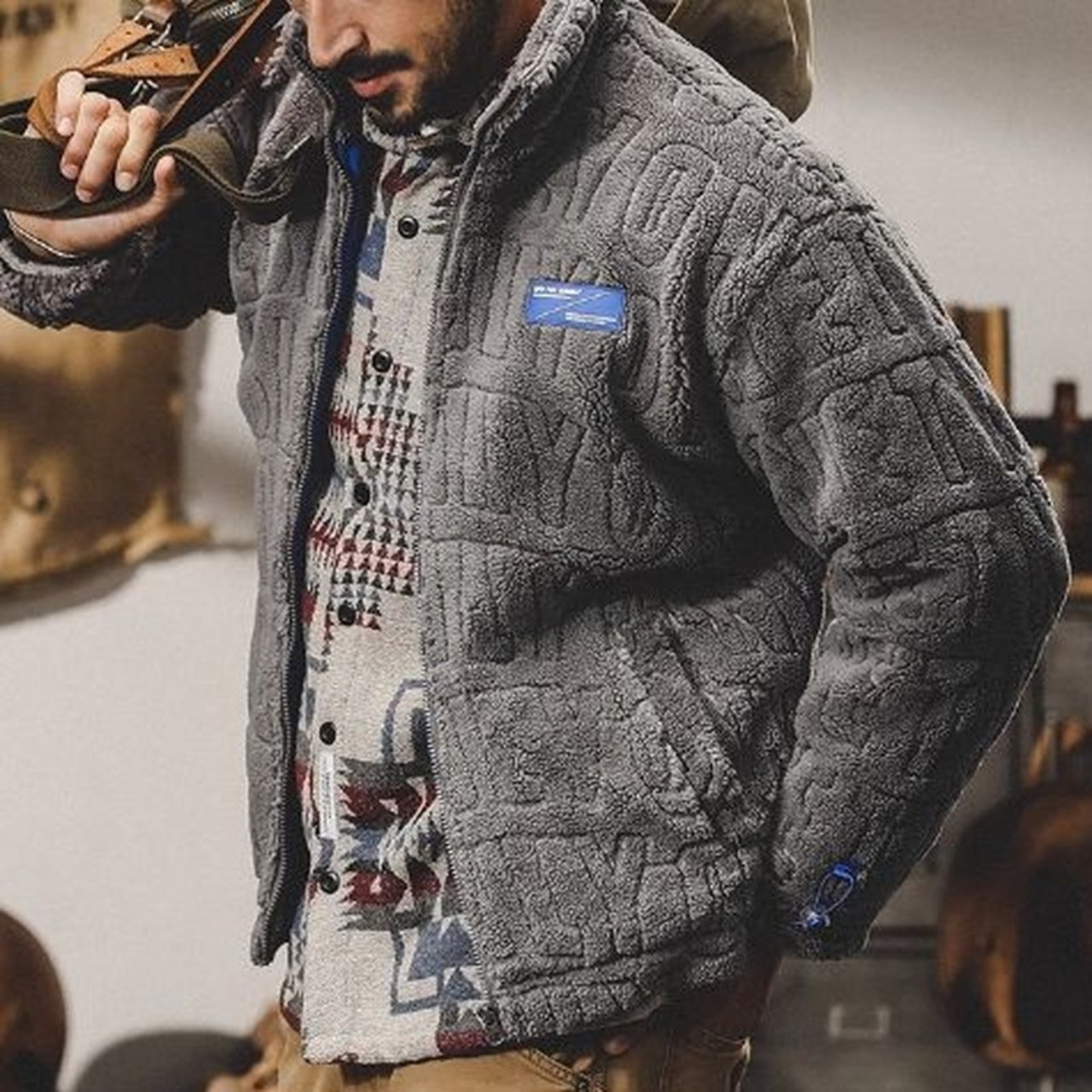 Pattern Waist-Length Button Front Zip-Up Jacket ◇3color H0920