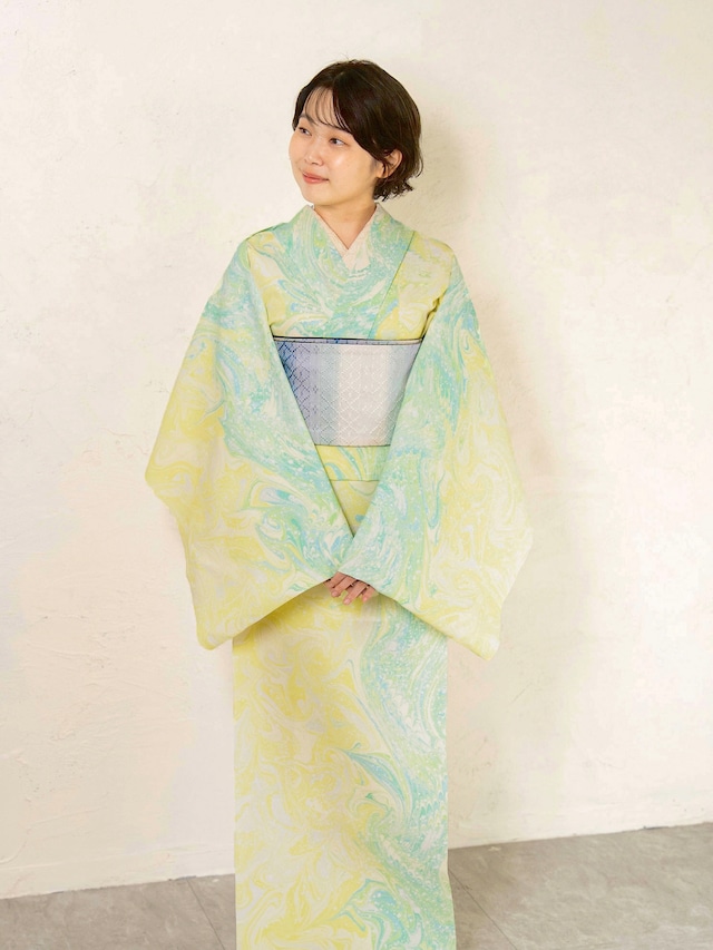 《花瑞水（はなみずき）》｜マーブル×ピーコックリボン柄　洗えるきもの　シルジェリー｜単衣・袷・胴抜き対応