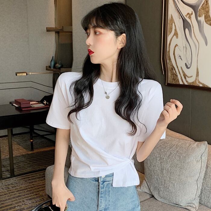 半袖Tシャツレディースサマードレス2020ニューネットレッドインタイドヘムノットホワイトイレギュラーラウンドネックトップタイド 1号婦人86035304998