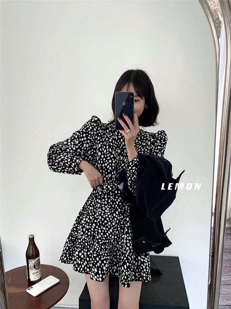 レオパードプリント柄カラードレス オータムハイウェストウェスト薄手Aラインショートスカート 秋物 ピュア ビッグFスモールZ韓国25435836421