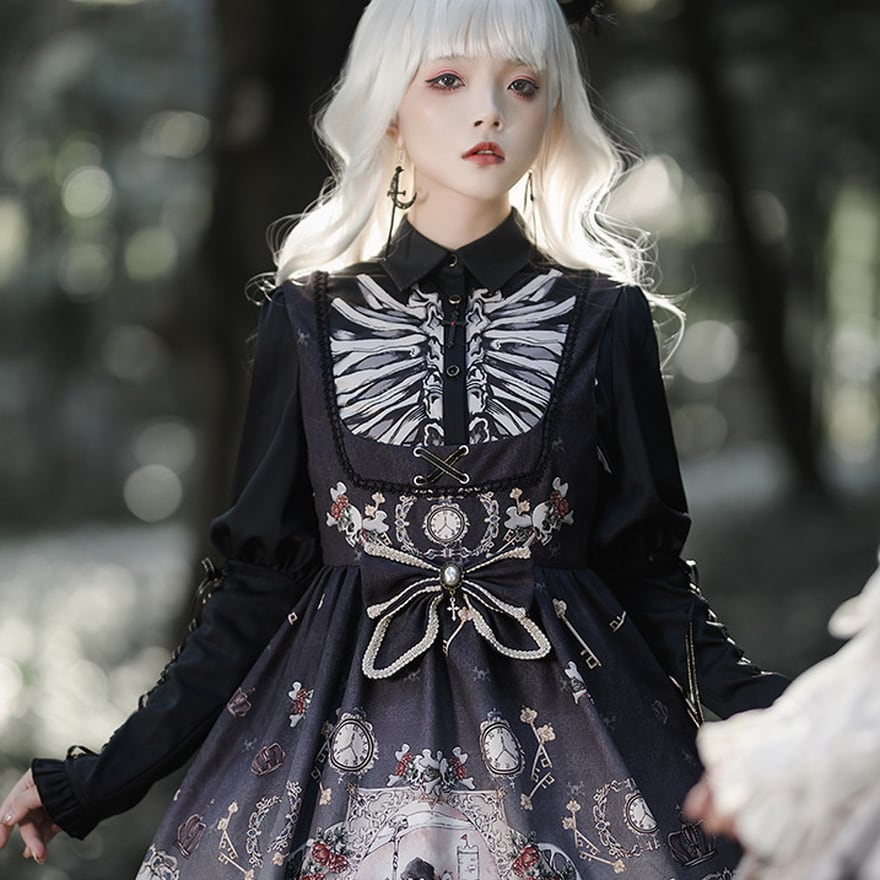 即納ブラックL】 ゴスロリブラウス スケルトン 袖レースアップ ダーク
