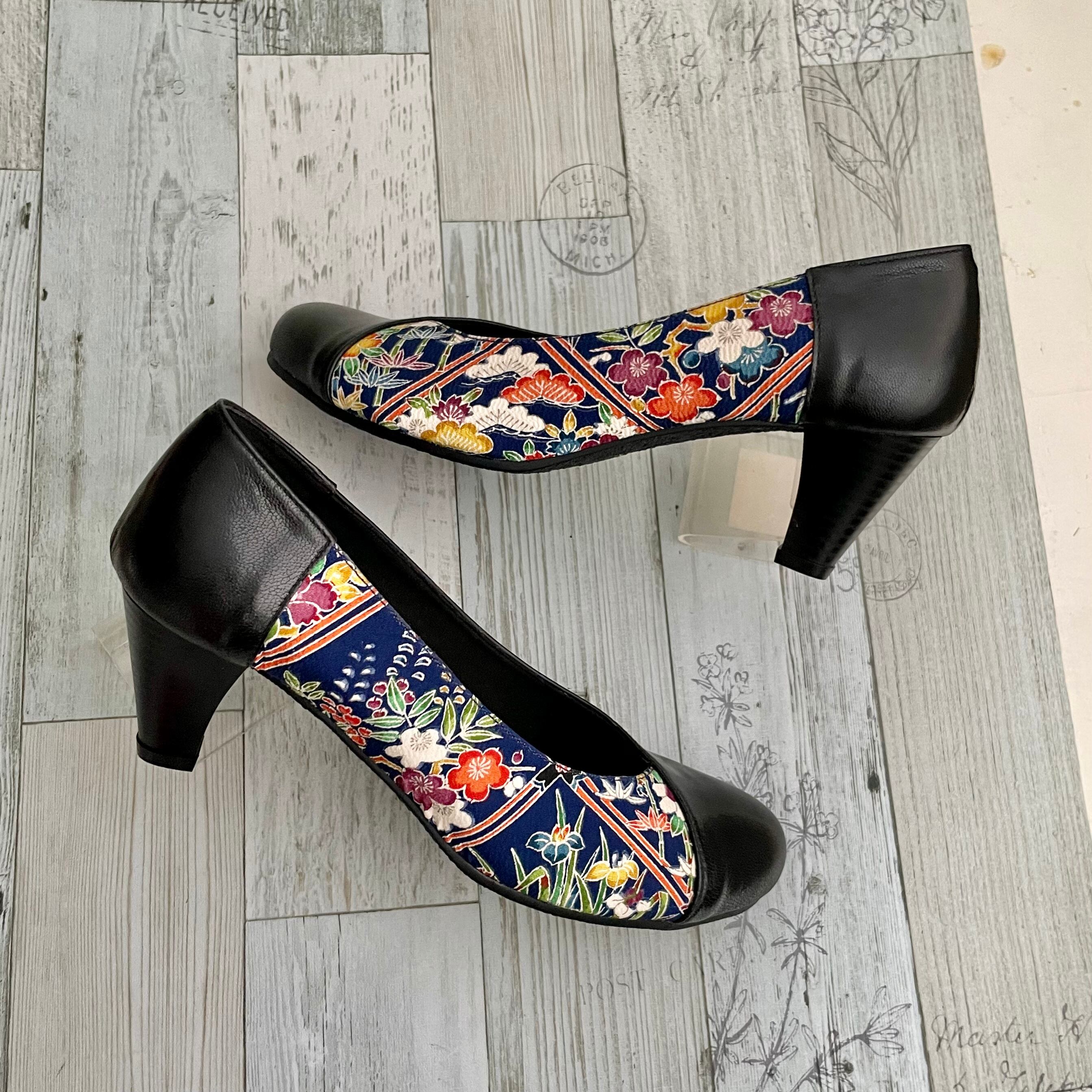 和ごころパンプス【本革黒✖️絹着物ちりめん】