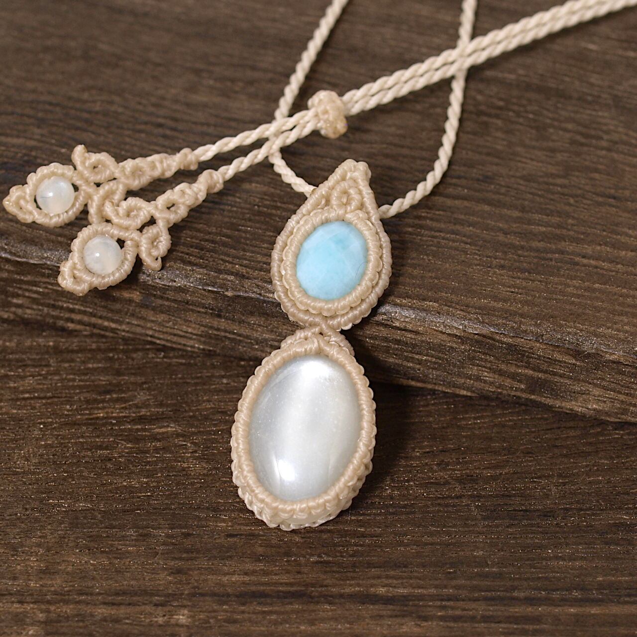 【一点物】ラリマー+ムーンストーン連結マクラメネックレスNo.1