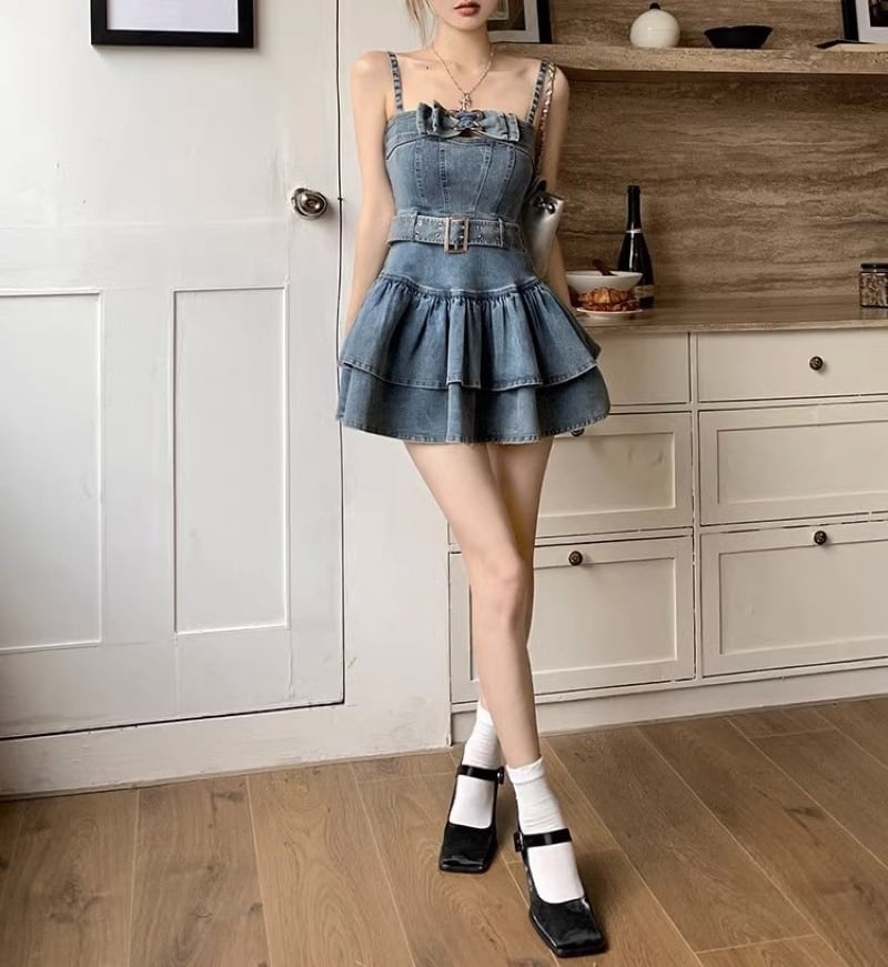 デニムワンピース レディース ティアードスカート ミニ丈 ノースリーブ