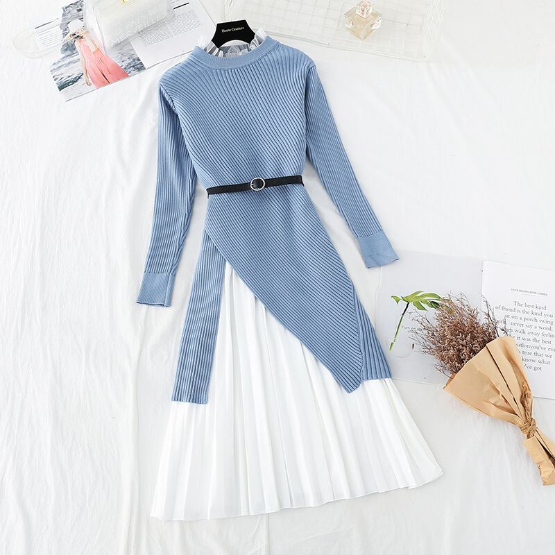 ツーピース ニット ワンピース レディース プリーツ ワンピース ニット トップス チュニック ラウンドネック 長袖 2点セット プリーツスカート ロング プリーツロングワンピース ミモレ丈 ロング丈 春新作 春 春服 新作 ブルー アプリコット ピンク ブラック P8164