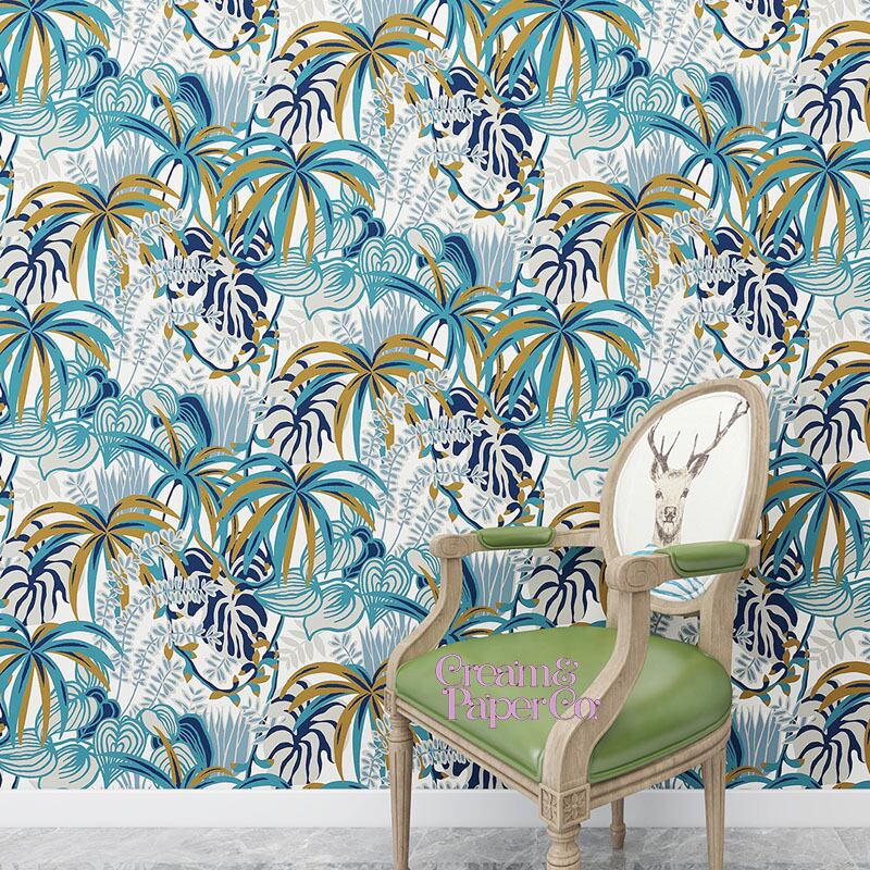 ラグーンブルー × ゴールド Rainforest leaf botanical FL1-778902MT for DIY 53㎝×10m リピート64㎝