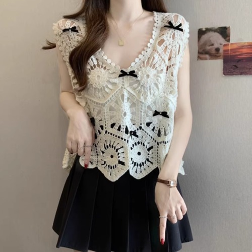 リボンディテール透かし編みニットベスト ・75487